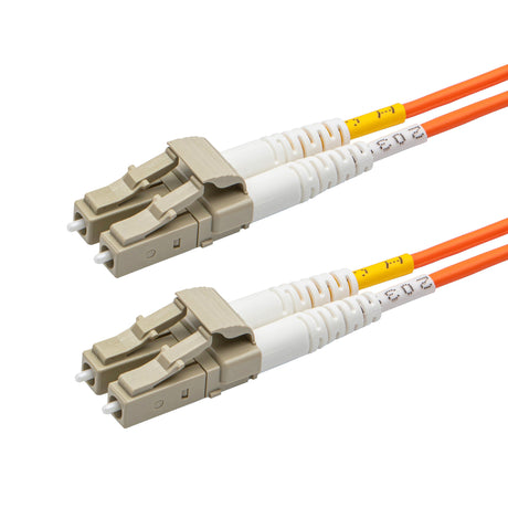 LC-LC multimode OM1 duplex fiber patch cable with Corning InfiniCor OM1 62.5/125um fiber, orange jacket, available in custom lengths. Ideal for data centers, enterprise networks, and server rooms.