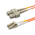 LC-SC multimode OM1 duplex fiber patch cable with Corning InfiniCor OM1 62.5/125um fiber, orange jacket, available in custom lengths. Ideal for data centers, enterprise networks, and server rooms.