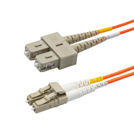 LC-SC multimode OM1 duplex fiber patch cable with Corning InfiniCor OM1 62.5/125um fiber, orange jacket, available in custom lengths. Ideal for data centers, enterprise networks, and server rooms.