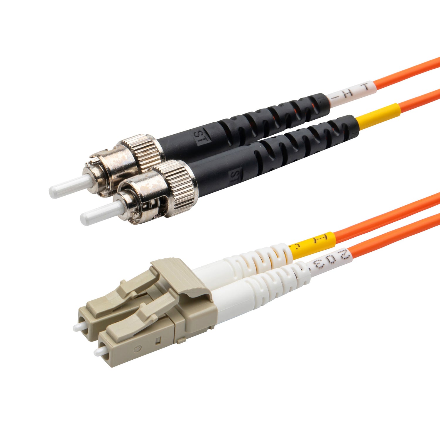 LC-ST multimode OM1 duplex fiber patch cable with Corning InfiniCor OM1 62.5/125um fiber, orange jacket, available in custom lengths. Ideal for data centers, enterprise networks, and server rooms.