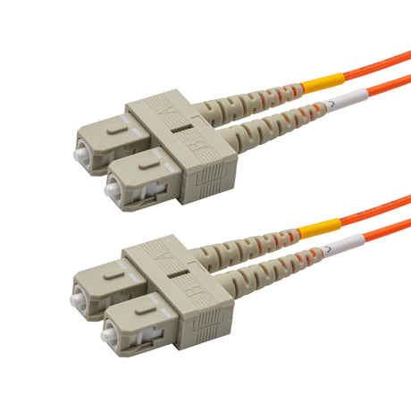 SC-SC multimode OM1 duplex fiber patch cable with Corning InfiniCor OM1 62.5/125um fiber, orange jacket, available in custom lengths. Ideal for data centers, enterprise networks, and server rooms.