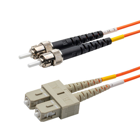 SC-ST multimode OM1 duplex fiber patch cable with Corning InfiniCor OM1 62.5/125um fiber, orange jacket, available in custom lengths. Ideal for data centers, enterprise networks, and server rooms.