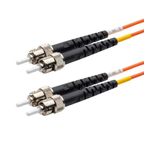 ST-ST multimode OM1 duplex fiber patch cable with Corning InfiniCor OM1 62.5/125um fiber, orange jacket, available in custom lengths. Ideal for data centers, enterprise networks, and server rooms.