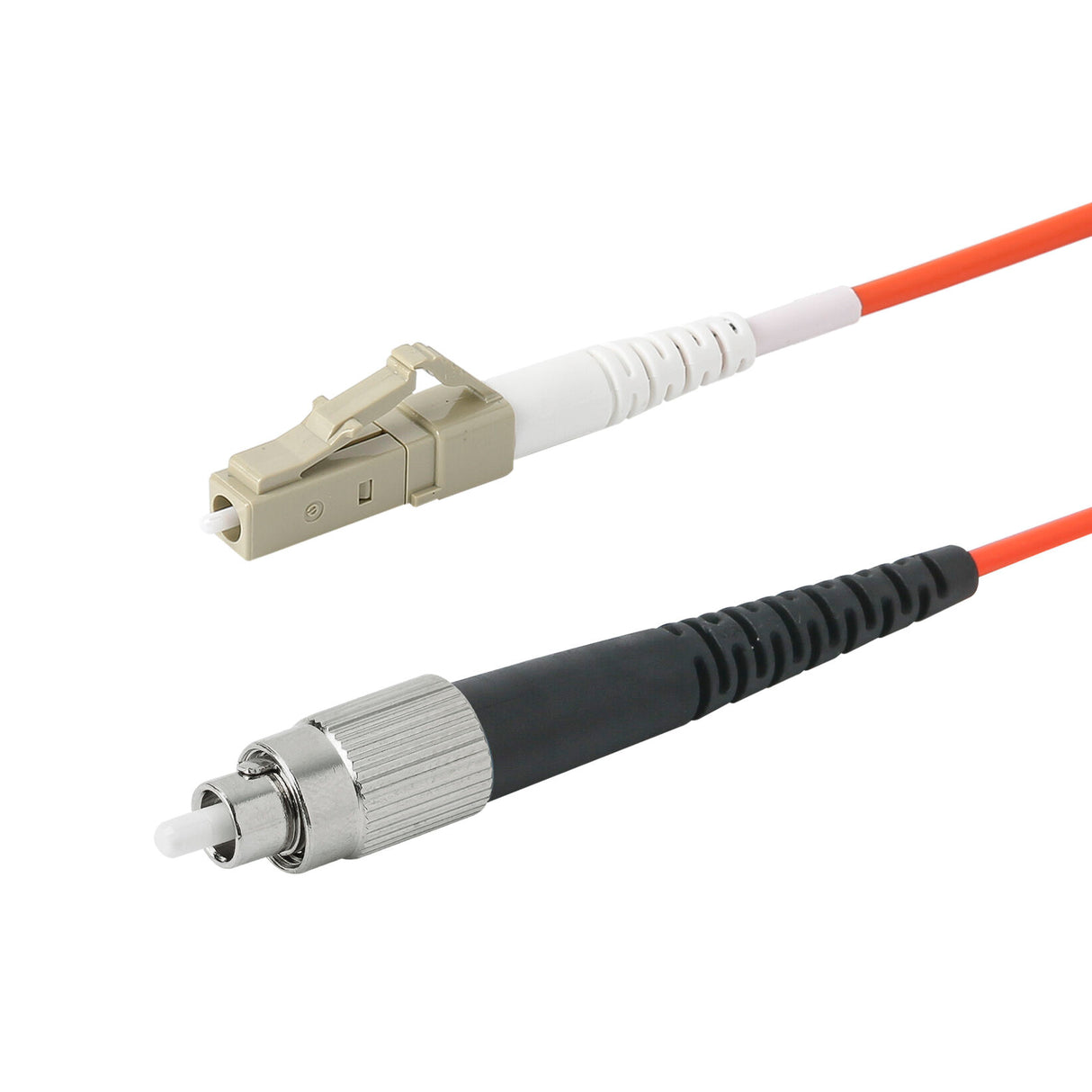 LC-FC multimode OM1 simplex fiber patch cable with Corning InfiniCor OM1 62.5/125um fiber, orange jacket, available in custom lengths. Ideal for data centers, enterprise networks, and server rooms.