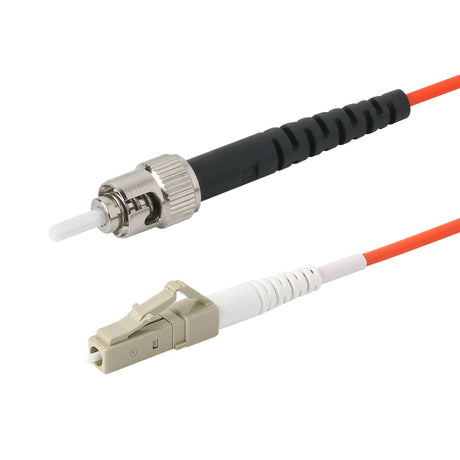 LC-ST multimode OM1 simplex fiber patch cable with Corning InfiniCor OM1 62.5/125um fiber, orange jacket, available in custom lengths. Ideal for data centers, enterprise networks, and server rooms.