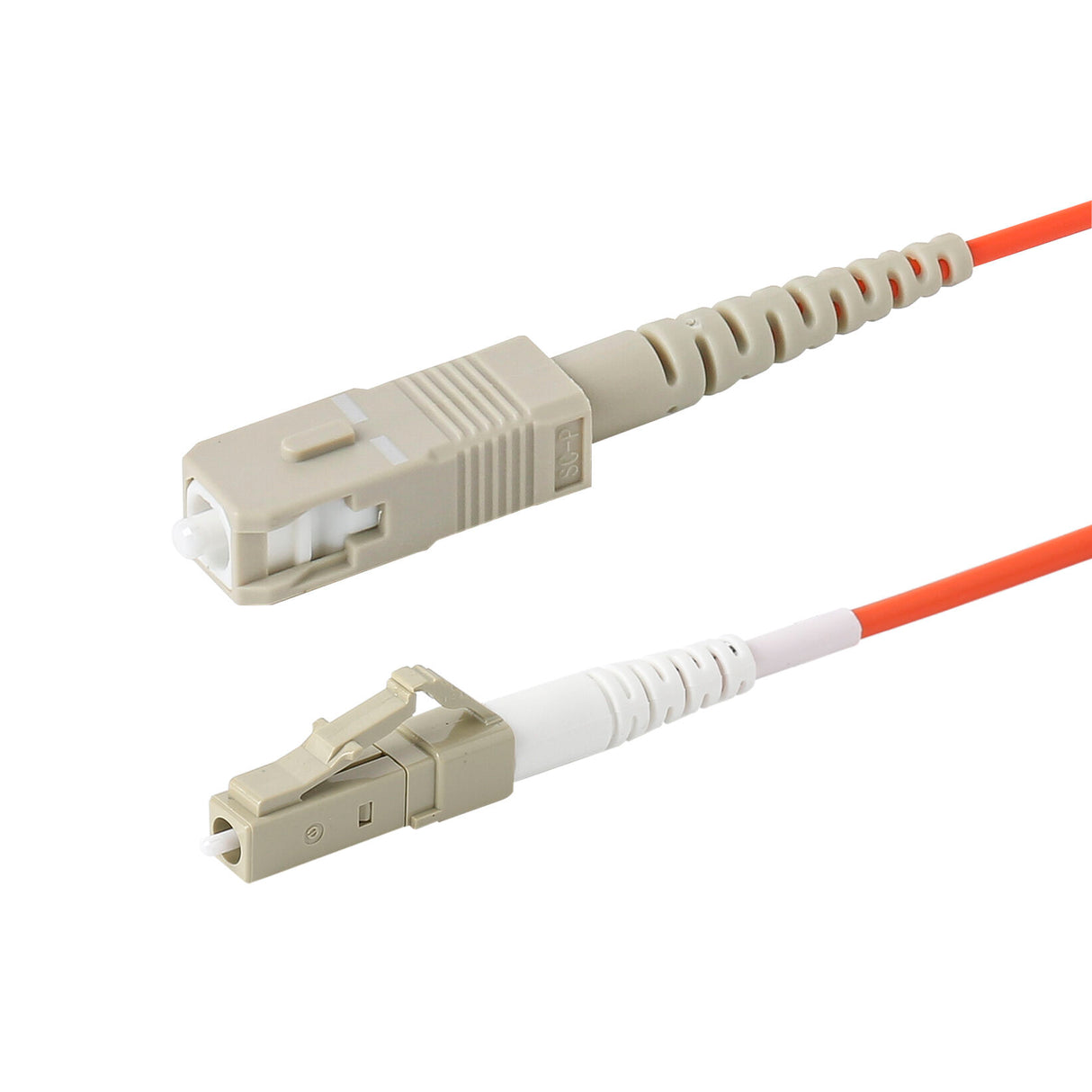 SC-LC multimode OM1 simplex fiber patch cable with Corning InfiniCor OM1 62.5/125um fiber, orange jacket, available in custom lengths. Ideal for data centers, enterprise networks, and server rooms.