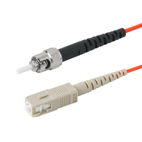 SC-ST multimode OM1 simplex fiber patch cable with Corning InfiniCor OM1 62.5/125um fiber, orange jacket, available in custom lengths. Ideal for data centers, enterprise networks, and server rooms.