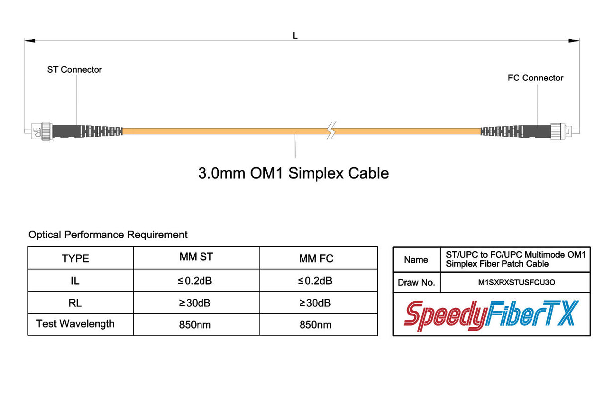 【博光通訊】電信級 0.2dB  ST/UPC to FC/UPC 多模 OM1 單工光纖跳線 | 康寧纖芯 |  橘色 LSZH 低煙無鹵外被