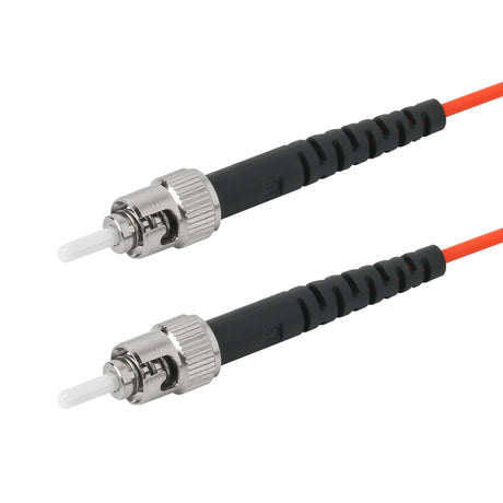 ST-ST multimode OM1 simplex fiber patch cable with Corning InfiniCor OM1 62.5/125um fiber, orange jacket, available in custom lengths. Ideal for data centers, enterprise networks, and server rooms.