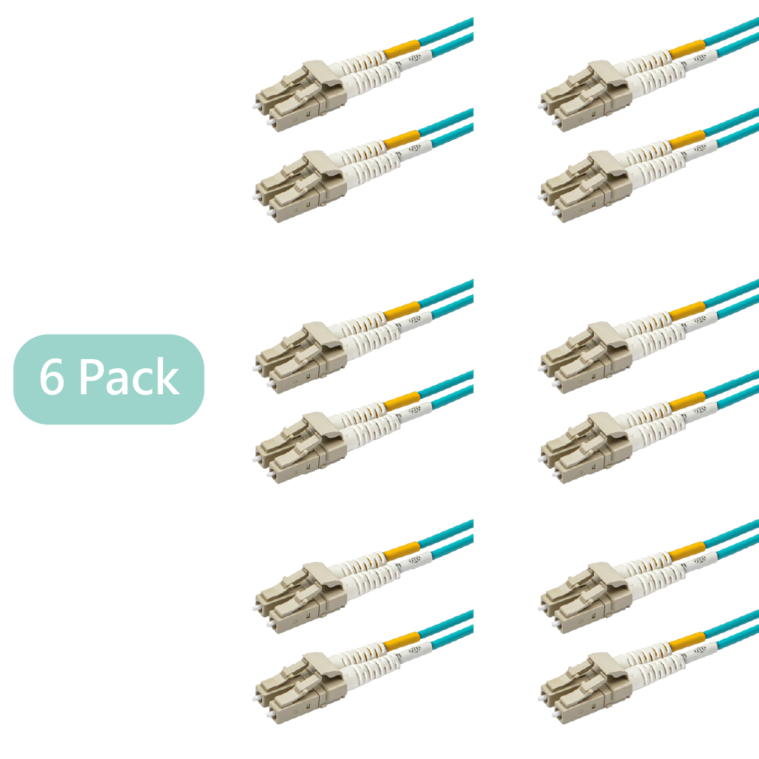 Bundle Deal – SpeedyFiberTX 0.2dB LC/UPC to LC/UPC Multimode OM3 Duplex Fiber Patch Cable | Corning ClearCurve OM3 50 µm Laser-Optimized Fiber |  Aqua Jacket, Beige  Connectors | 1 Foot | 6-Pack