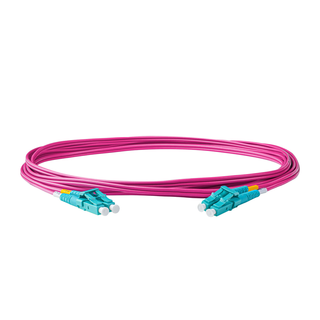 SpeedyFiberTX 0.2dB LC/UPC to LC/UPC Multimode OM4 Duplex Fiber Patch Cable | Corning ClearCurve OM4 50 µm Laser-Optimized Fiber |  Magenta LSZH Jacket, Aqua  Connectors