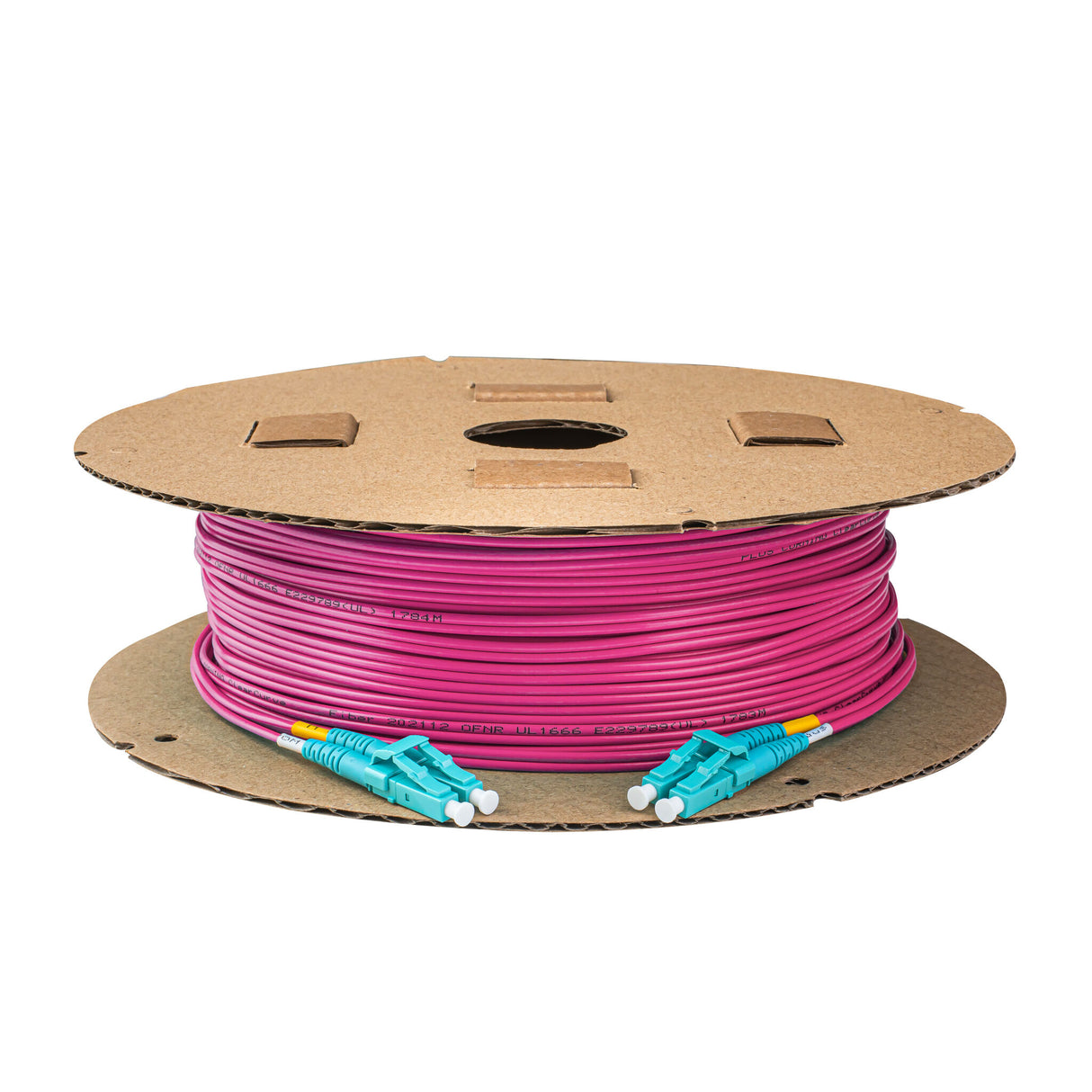 SpeedyFiberTX 0.2dB LC/UPC to LC/UPC Multimode OM4 Duplex Fiber Patch Cable | Corning ClearCurve OM4 50 µm Laser-Optimized Fiber |  Magenta LSZH Jacket, Aqua  Connectors