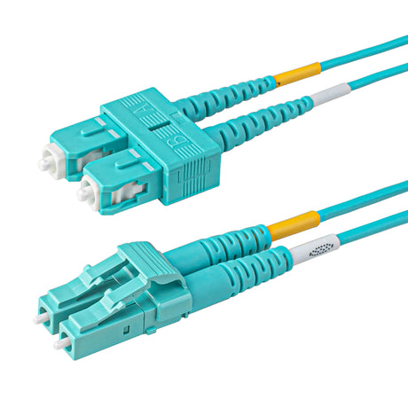 Aqua LC-SC multimode OM4 fiber patch cable with Corning OM4 50/125um optical fiber, aqua jacket, available in custom lengths and specifications. Ideal for data centers, enterprise networks, and telecom rooms.