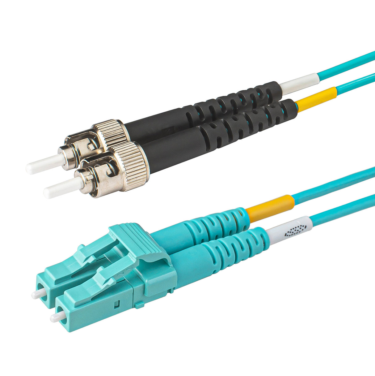 Aqua LC-ST multimode OM4 fiber patch cable with Corning OM4 50/125um optical fiber, aqua jacket, available in custom lengths and specifications. Ideal for data centers, enterprise networks, and telecom rooms.