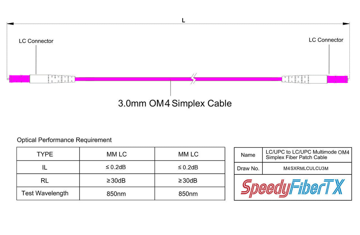 TAA Compliant Fiber Patch Cable | 0.2dB LC/UPC to LC/UPC Multimode OM4 Simplex  | Corning ClearCurve OM4 50 µm Laser-Optimized Fiber |  Magenta OFNR Jacket, Magenta  Connectors