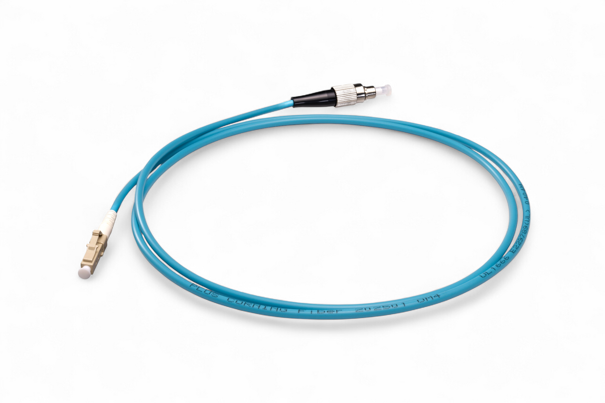 Low Loss 0.15dB LC/UPC to FC/UPC Multimode OM4 Simplex Fiber Patch Cable | Corning ClearCurve OM4 50 µm Laser-Optimized Fiber |  Aqua OFNR Jacket, Aqua  Connectors