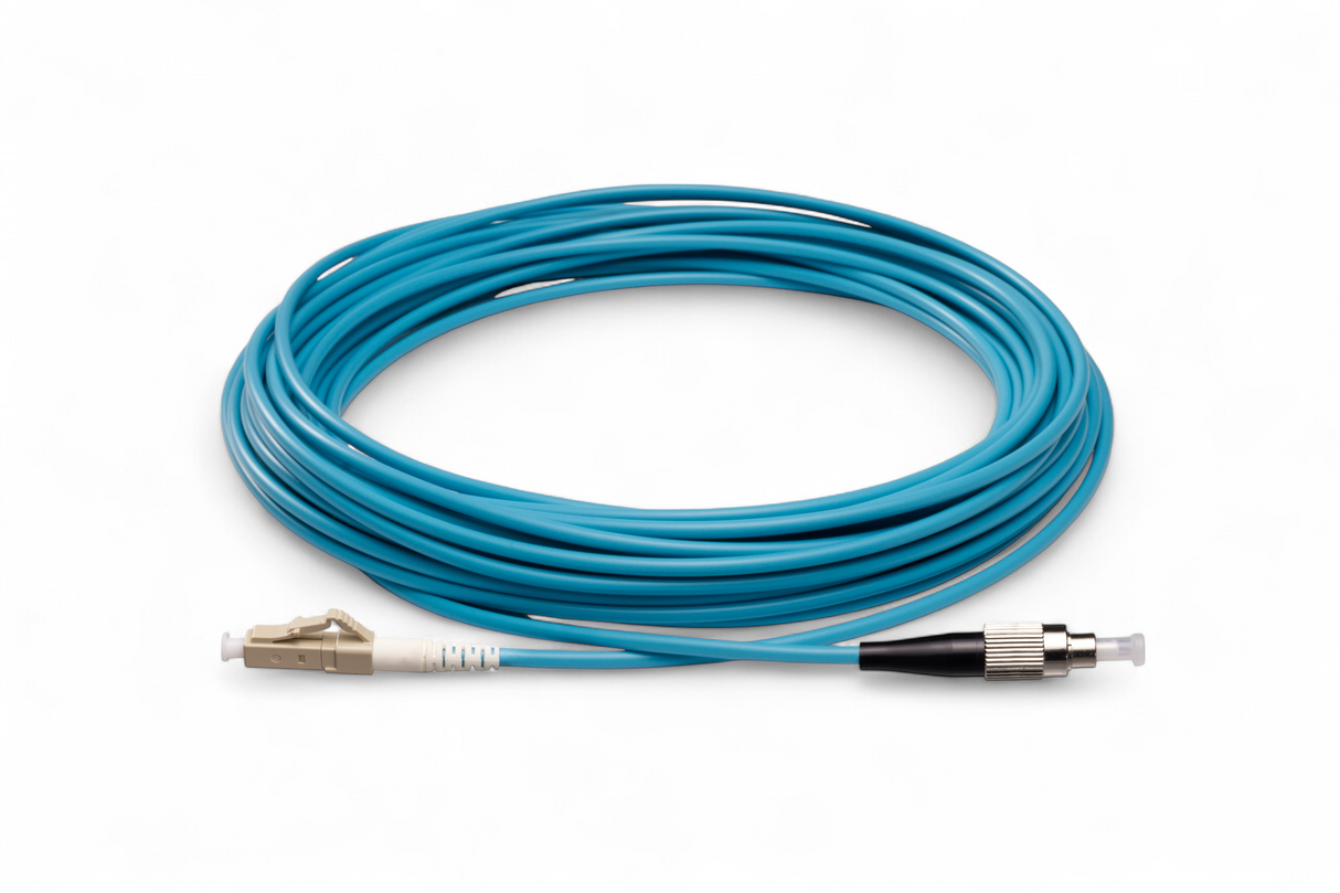 Low Loss 0.15dB LC/UPC to FC/UPC Multimode OM4 Simplex Fiber Patch Cable | Corning ClearCurve OM4 50 µm Laser-Optimized Fiber |  Aqua OFNR Jacket, Aqua  Connectors