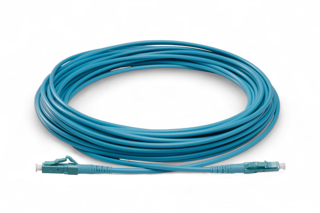 TAA Compliant Fiber Patch Cable | 0.2dB LC/UPC to LC/UPC Multimode OM4 Simplex  | Corning ClearCurve OM4 50 µm Laser-Optimized Fiber |  Aqua OFNR Jacket, Aqua  Connectors