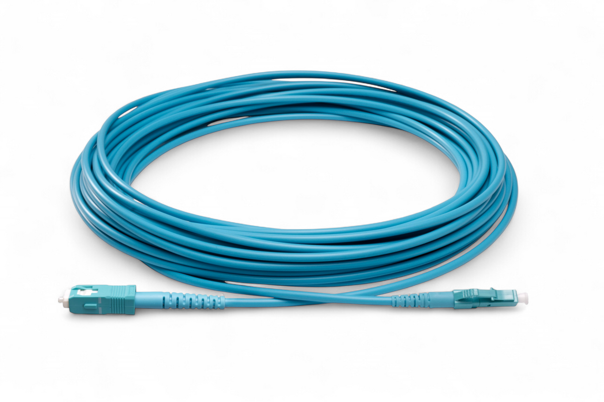 TAA合規 | 電信級 0.2dB  LC/UPC to SC/UPC 多模 OM4 單工光纖跳線 | 康寧纖芯 |  水綠色 OFNR 外被, 水綠色接頭