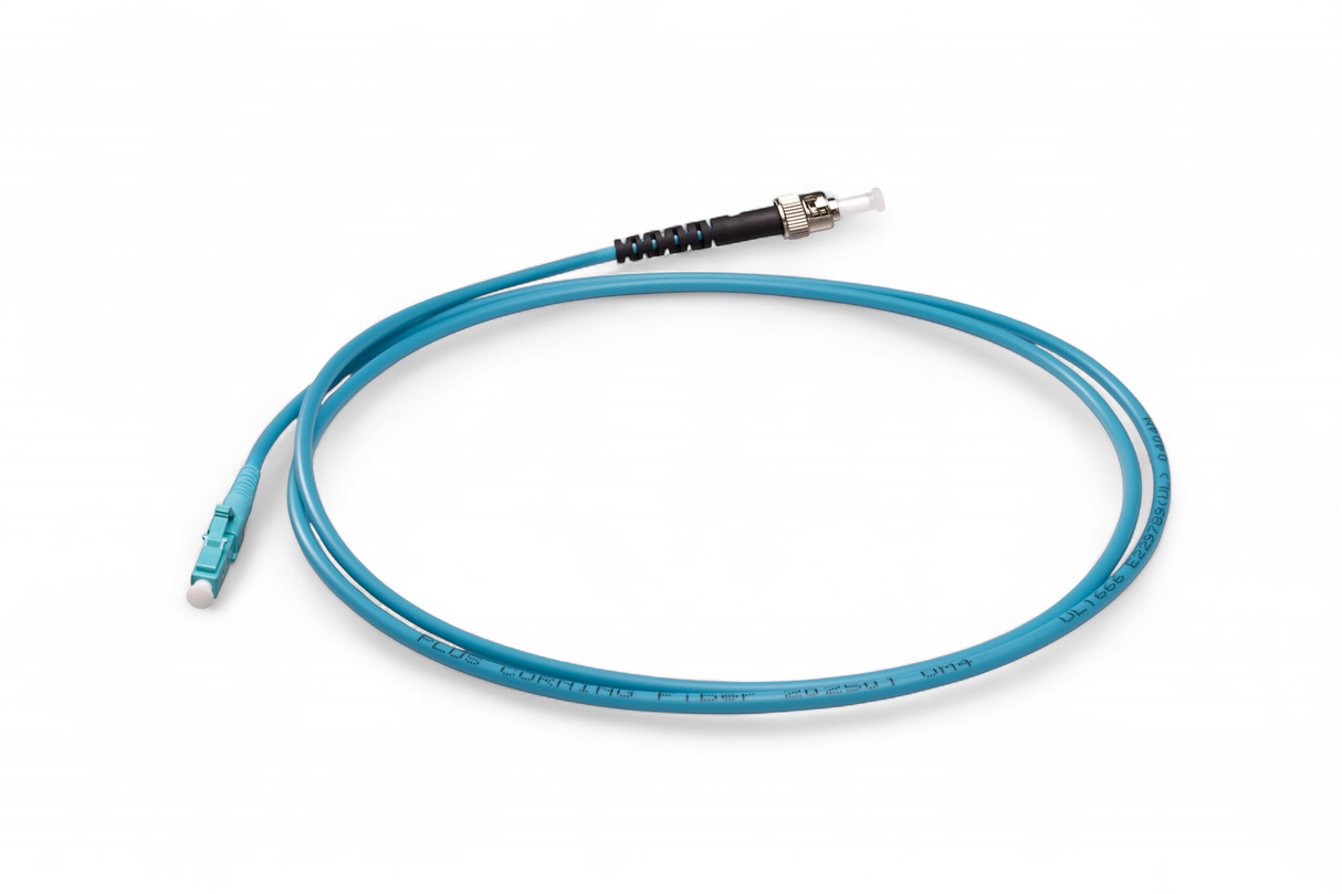 TAA Compliant Fiber Patch Cable | 0.2dB LC/UPC to ST/UPC Multimode OM4 Simplex  | Corning ClearCurve OM4 50 µm Laser-Optimized Fiber |  Aqua OFNR Jacket, Aqua  Connectors