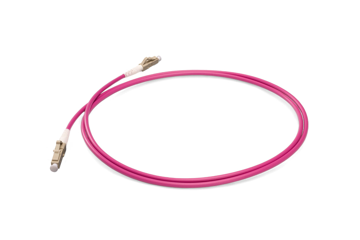 TAA合規 | 電信級 0.2dB  LC/UPC to LC/UPC 多模 OM4 單工光纖跳線 | 康寧纖芯 |  洋紅色 OFNR 外被, 米色接頭