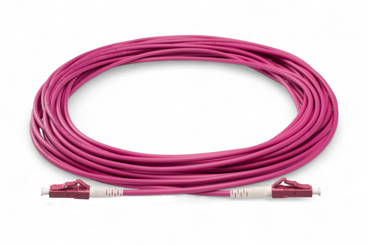 TAA Compliant Fiber Patch Cable | 0.2dB LC/UPC to LC/UPC Multimode OM4 Simplex  | Corning ClearCurve OM4 50 µm Laser-Optimized Fiber |  Magenta OFNR Jacket, Magenta  Connectors