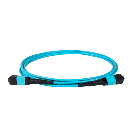 12-Fiber Low Loss Non-Pinned MPO APC to MPO APC Jumper with Corning® ClearCurve® OM3 Multimode Fiber, Type B polarity, Aqua MPO connectors, and Aqua jacket, optimized for 40GBASE-SR4 and 100GBASE-SR4 multimode parallel optics in high-density data centers.