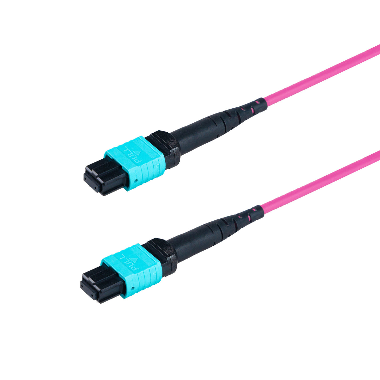 12-Fiber Low Loss Non-Pinned MPO/UPC to Non-Pinned MPO/UPC Jumper | Corning® ClearCurve® OM4 Multimode Optical Fiber | Type B, Aqua MPO Connectors, Magenta Cable Jacket | LSZH Jacket