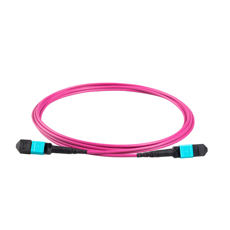 12-Fiber Elite Non-Pinned MPO APC to MPO APC Jumper with Corning® ClearCurve® OM4 Multimode Fiber, Type B polarity, Aqua MPO connectors, and Magenta jacket, optimized for 40GBASE-SR4 and 100GBASE-SR4 multimode parallel optics in high-density data centers.