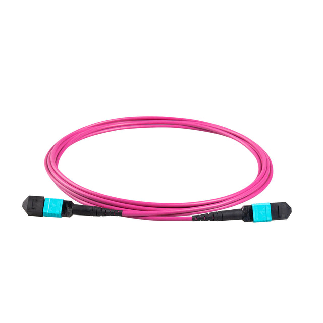 12-Fiber Elite Non-Pinned MPO APC to MPO APC Jumper with Corning® ClearCurve® OM4 Multimode Fiber, Type B polarity, Aqua MPO connectors, and Magenta jacket, optimized for 40GBASE-SR4 and 100GBASE-SR4 multimode parallel optics in high-density data centers.