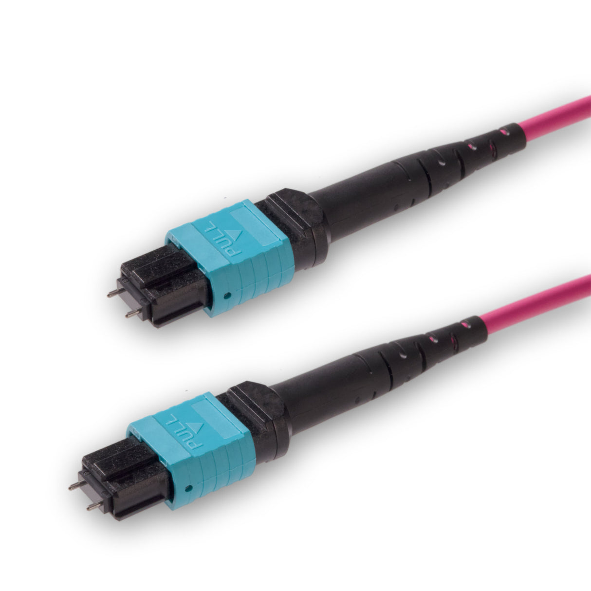 12 芯低插損公頭 MPO/UPC 轉公頭 MPO/UPC 跳線 | 康寧® ClearCurve® OM4 多模光纖 | 極性A，水綠色 MPO 接頭，洋紅色外被 | OFNR 外被