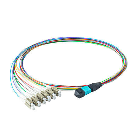 Elite Non-Pinned MPO to 12xLC Breakout Cable with Corning ClearCurve® OM4 Multimode Fiber, featuring an Aqua MPO Connector, 900μm 12-Colored Hytrel® Fiber Tube, and Beige LC Connectors, optimized for high-speed 40G/100G data center applications.