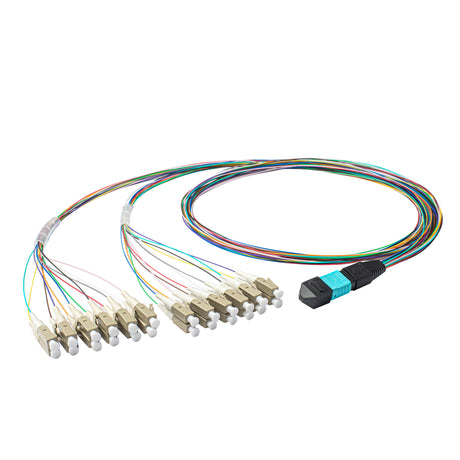 Elite Non-Pinned MPO to 24xLC Breakout Cable with Corning ClearCurve® OM4 Multimode Fiber, featuring an Aqua MPO Connector, 600μm 24-Colored Hytrel® Fiber Tube, and Beige LC Connectors, optimized for high-speed 40G/100G data center applications.
