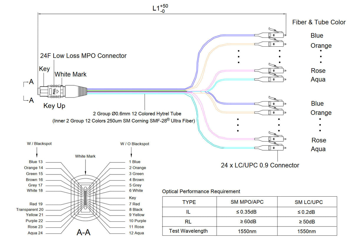 Low Loss Non-Pinned MPO to 24xLC Breakout Cable | Corning® SMF-28® Ultra Singlemode Optical Fiber | OS1/OS2 Compatible | Green MPO Connector, 600μm 24-Colored Hytrel® Fiber Tube