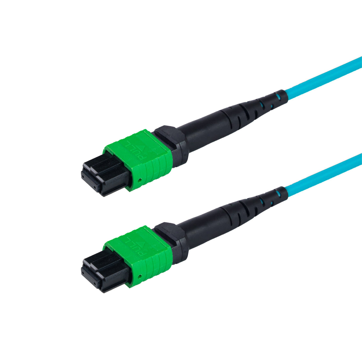 8-Fiber Low Loss Non-Pinned MPO/APC to Non-Pinned MPO/APC Jumper | Corning® ClearCurve® OM4 Multimode Optical Fiber | Type B, Green MPO-12 Connectors, Aqua Cable Jacket | LSZH Jacket