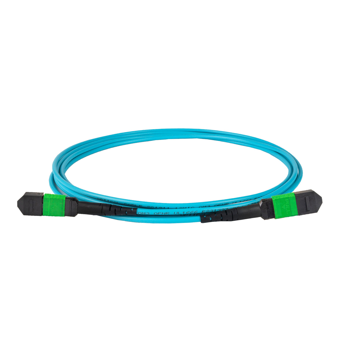 8-Fiber Low Loss Non-Pinned MPO/APC to Non-Pinned MPO/APC Jumper | Corning® ClearCurve® OM4 Multimode Optical Fiber | Type B, Green MPO-12 Connectors, Aqua Cable Jacket | LSZH Jacket
