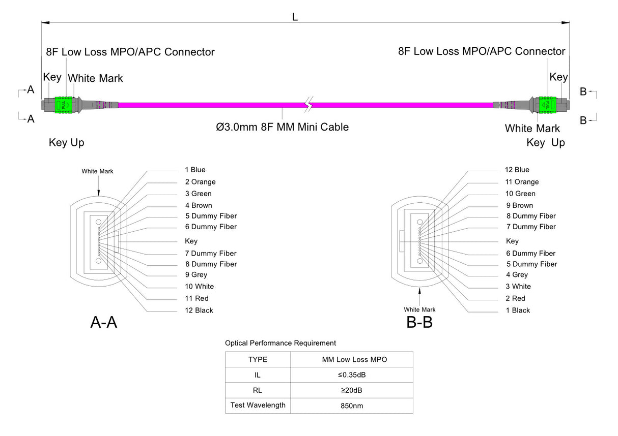 8 芯低插損母頭 MPO/APC 轉母頭 MPO/APC 跳線 | 康寧® ClearCurve® OM4 多模光纖 | 極性B，綠色 MPO-12 接頭，洋紅色外被 | LSZH 低煙無鹵外被