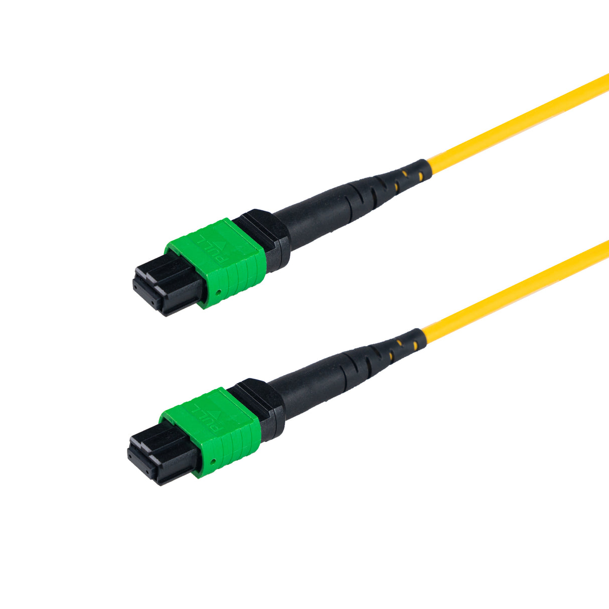 12-Fiber Low Loss Non-Pinned MPO/APC to Non-Pinned MPO/APC Jumper | Corning® SMF-28® Ultra Single-mode Optical Fiber | OS1/OS2 Compatible | Type B, Green MPO Connectors, Yellow Cable Jacket | OFNP Jacket