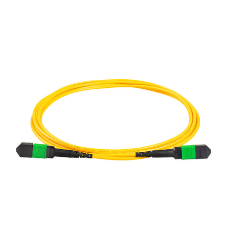 12-Fiber Elite Non-Pinned MPO to MPO Jumper with Corning® SMF-28® Ultra Optical Fiber, Type B polarity, Green MPO connectors, and Yellow jacket, optimized for 40GBASE-SR4 and 100GBASE-SR4 multimode parallel optics in high-density data centers.