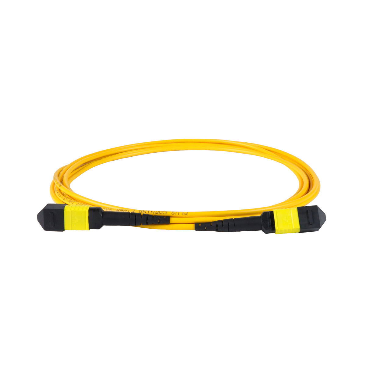 12-Fiber Elite Non-Pinned MPO to MPO Jumper with Corning® SMF-28® Ultra Optical Fiber, Type B polarity, Lemon Yellow MPO connectors, and Yellow jacket, optimized for 40GBASE-SR4 and 100GBASE-SR4 multimode parallel optics in high-density data centers.
