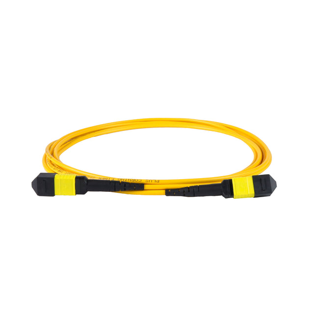 12-Fiber Elite Non-Pinned MPO to MPO Jumper with Corning® SMF-28® Ultra Optical Fiber, Type B polarity, Lemon Yellow MPO connectors, and Yellow jacket, optimized for 40GBASE-SR4 and 100GBASE-SR4 multimode parallel optics in high-density data centers.