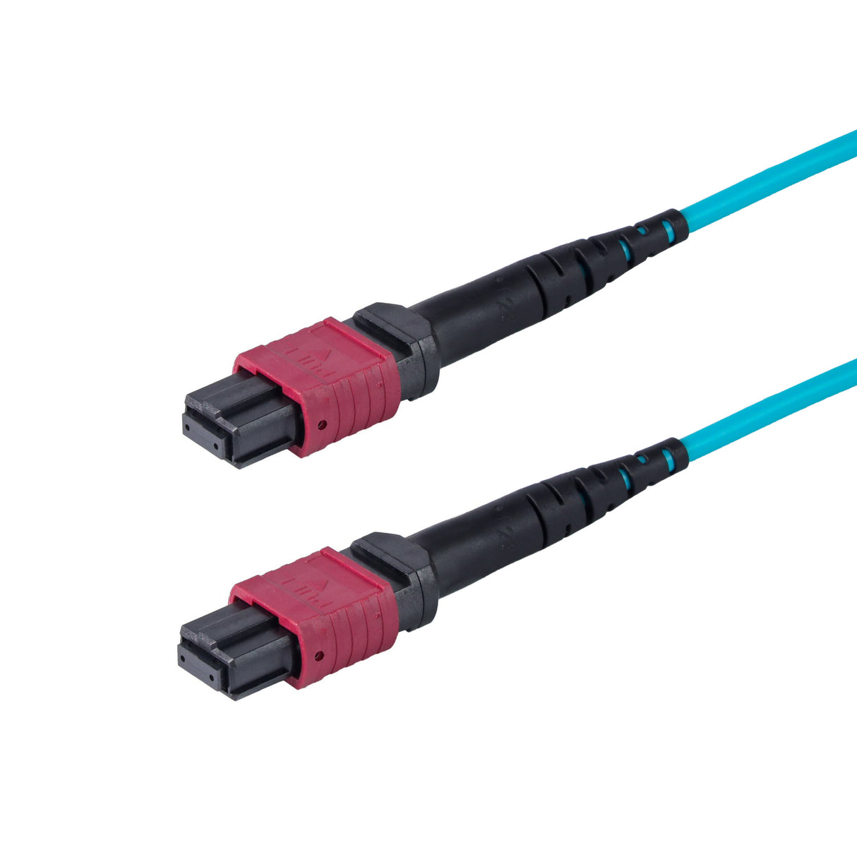 8-Fiber Low Loss Non-Pinned MPO/UPC to Non-Pinned MPO/UPC Jumper | Corning® ClearCurve® OM4 Multimode Optical Fiber | Type B, Magenta MPO-12 Connectors, Aqua Cable Jacket | OFNP Jacket