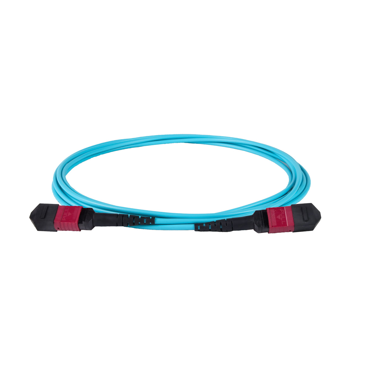 8-Fiber Low Loss Non-Pinned MPO/UPC to Non-Pinned MPO/UPC Jumper | Corning® ClearCurve® OM4 Multimode Optical Fiber | Type B, Magenta MPO-12 Connectors, Aqua Cable Jacket | OFNP Jacket
