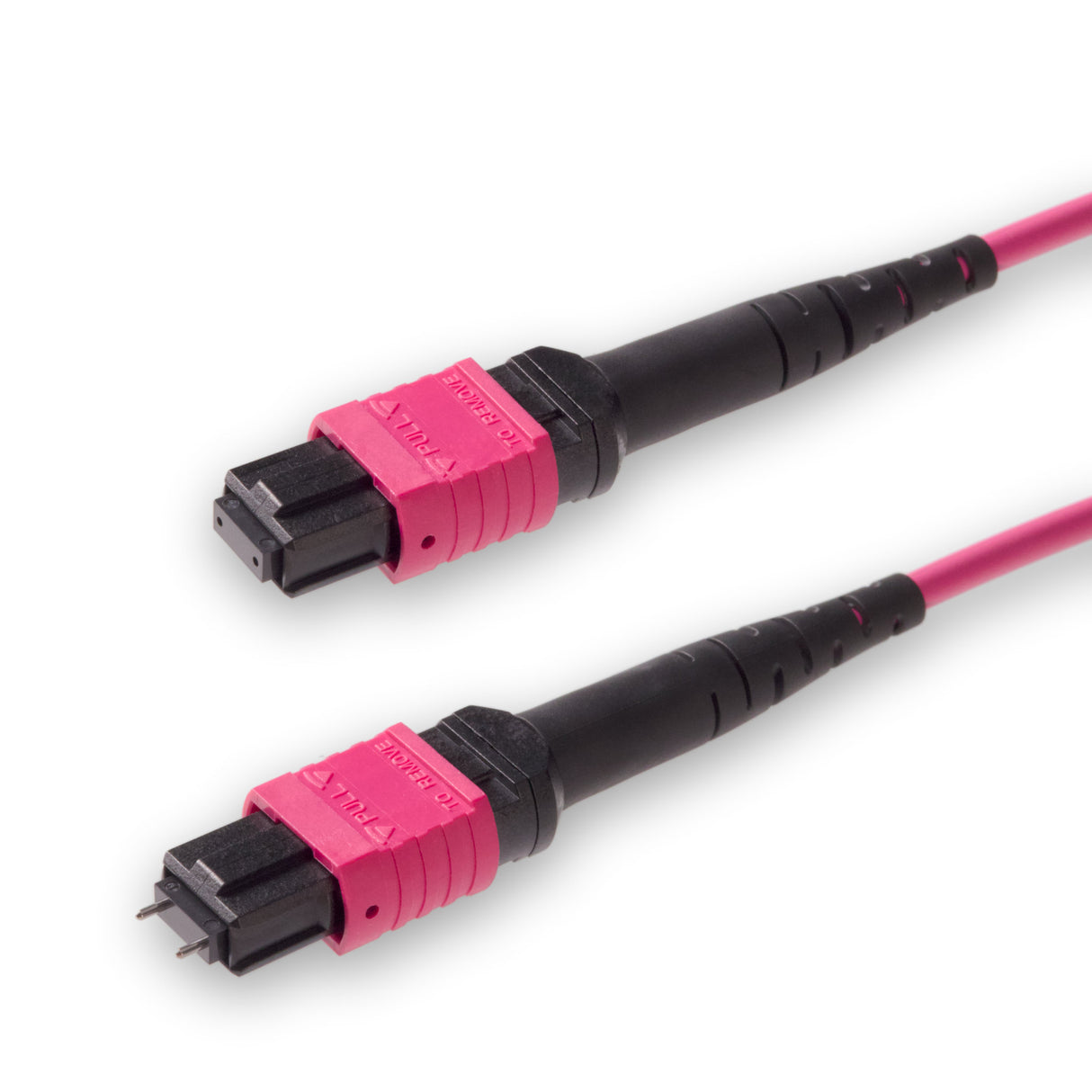 12 芯低插損公頭 MPO/UPC 轉母頭 MPO/UPC 跳線 | 康寧® ClearCurve® OM4 多模光纖 | 極性B，洋紅色 MPO 接頭，洋紅色外被 | LSZH 低煙無鹵外被
