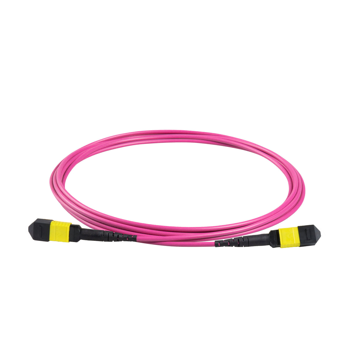 8芯低插損母頭 MPO/APC 轉母頭 MPO/APC 跳線 | 康寧® ClearCurve® OM4 多模光纖 | 極性B，黃色 MPO-12 接頭，洋紅色外被 | OFNP 外被