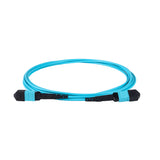 12-Fiber Elite Non-Pinned MTP® UPC to MTP® UPC Jumper with Corning® ClearCurve® OM3 Multimode Fiber, Type B polarity, Aqua MTP® connectors, and Aqua jacket, optimized for 40GBASE-SR4 and 100GBASE-SR4 multimode parallel optics in high-density data centers.