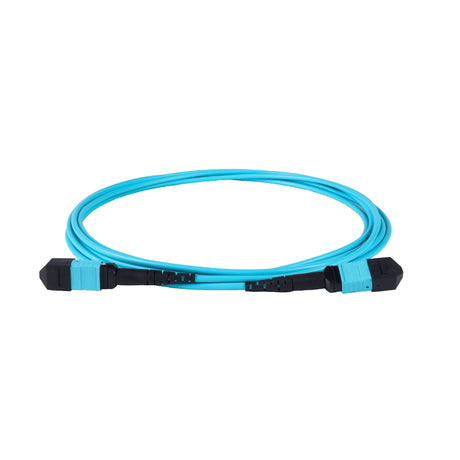 12-Fiber Elite Non-Pinned MTP® UPC to MTP® UPC Jumper with Corning® ClearCurve® OM3 Multimode Fiber, Type B polarity, Aqua MTP® connectors, and Aqua jacket, optimized for 40GBASE-SR4 and 100GBASE-SR4 multimode parallel optics in high-density data centers.