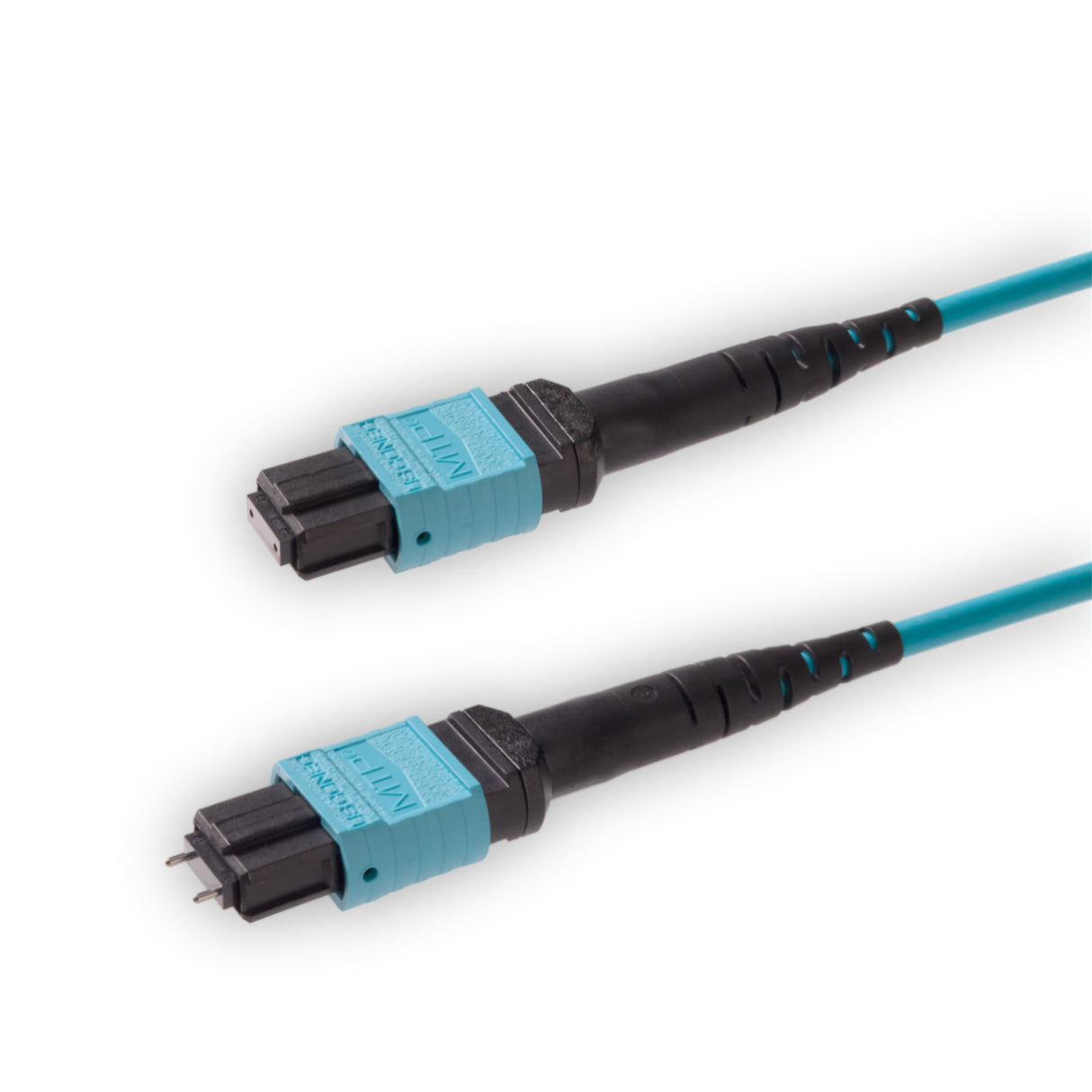 12 芯 Elite 公頭 MTP®/UPC 轉母頭 MTP®/UPC 跳線 | 康寧® ClearCurve® OM3 多模光纖 | 極性A，水綠色 MTP® 接頭，水綠色外被 | LSZH 低煙無鹵外被