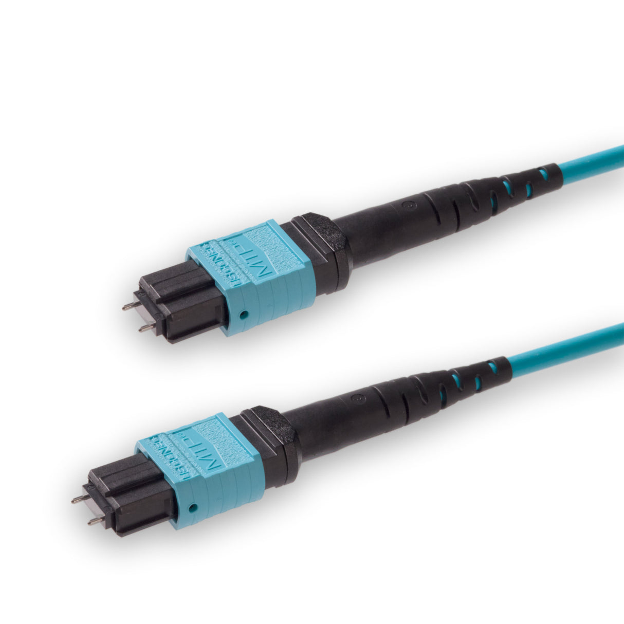 12 芯 Elite 公頭 MTP®/UPC 轉公頭 MTP®/UPC 跳線 | 康寧® ClearCurve® OM3 多模光纖 | 極性B，水綠色 MTP® 接頭，水綠色外被 | LSZH 低煙無鹵外被