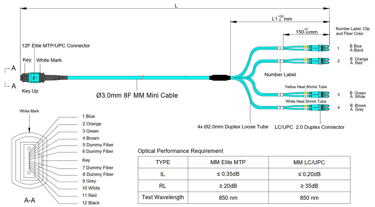 Elite Non-Pinned MTP® to 8xLC Breakout Cable | Corning® ClearCurve® OM3 Multimode Optical Fiber | Aqua MTP® Connector, Aqua Cable Jacket, Aqua LC Connectors | OFNP Jacket